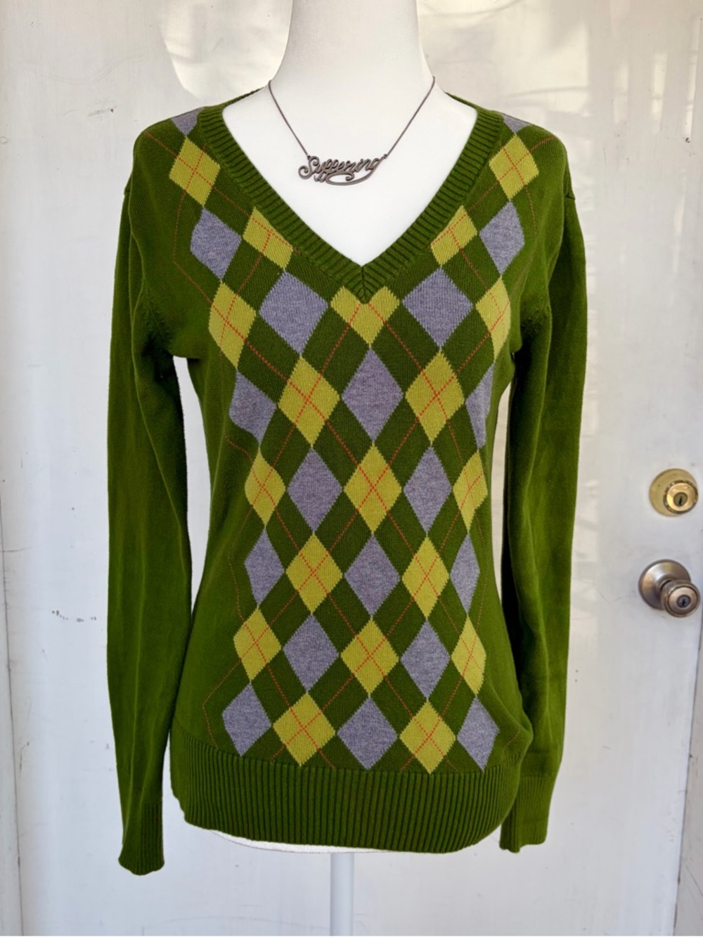 Vintage y2k Preppy Green Argyle Cotton Sweater
